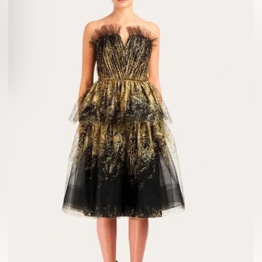 Marchesa | Black and Gold Strapless Midi Dress